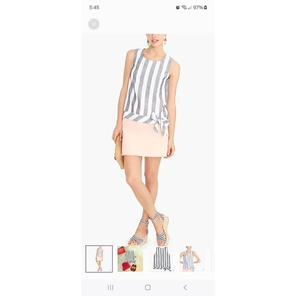 Size 10 J Crew Black White Striped Linen Sleeveless Tie Waist Tank Top Shirt Top